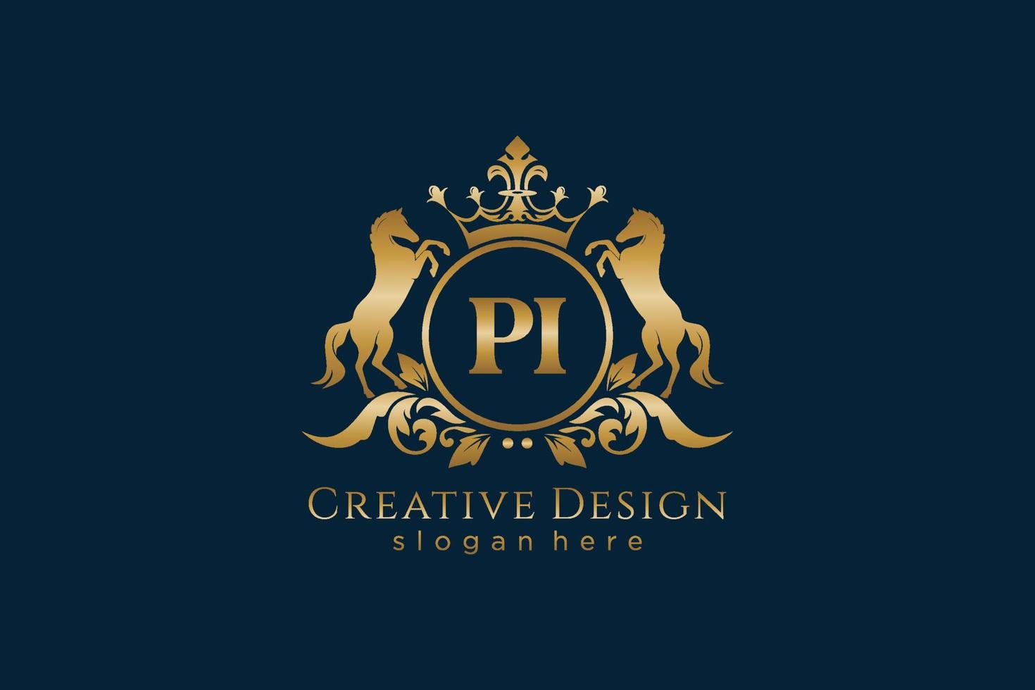 initial PI Retro golden crest with circle and two horses, badge template with scrolls and royal crown - perfect for luxurious branding projects vector