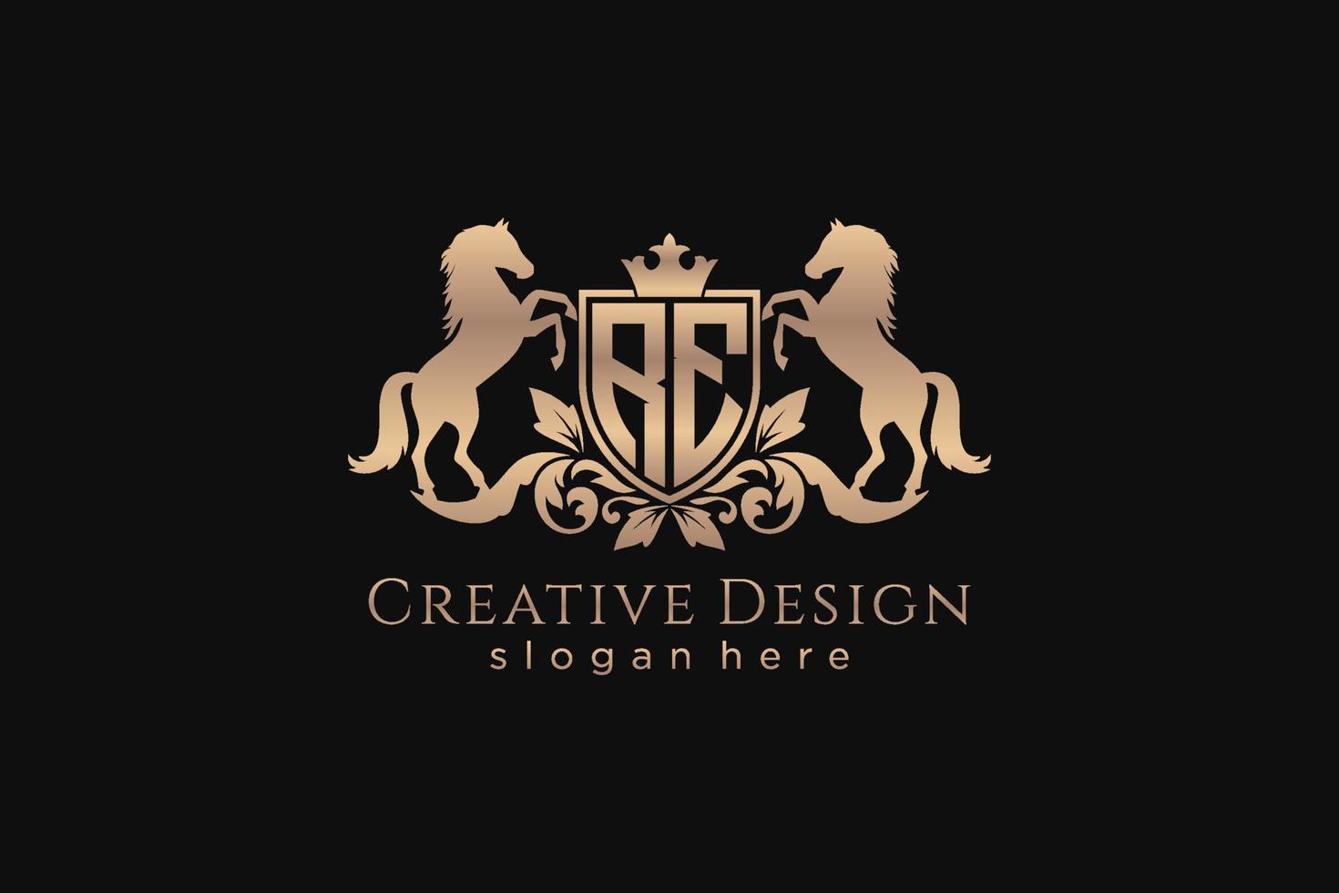 initial RE Retro golden crest with shield and two horses, badge template with scrolls and royal crown - perfect for luxurious branding projects vector