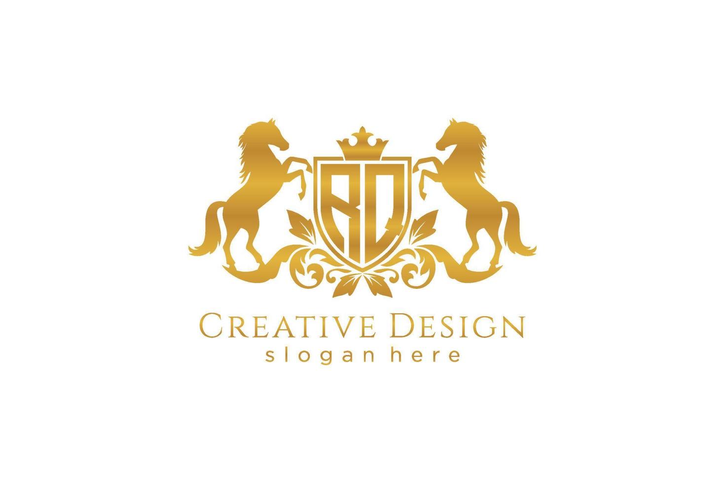 initial RQ Retro golden crest with shield and two horses, badge template with scrolls and royal crown - perfect for luxurious branding projects vector