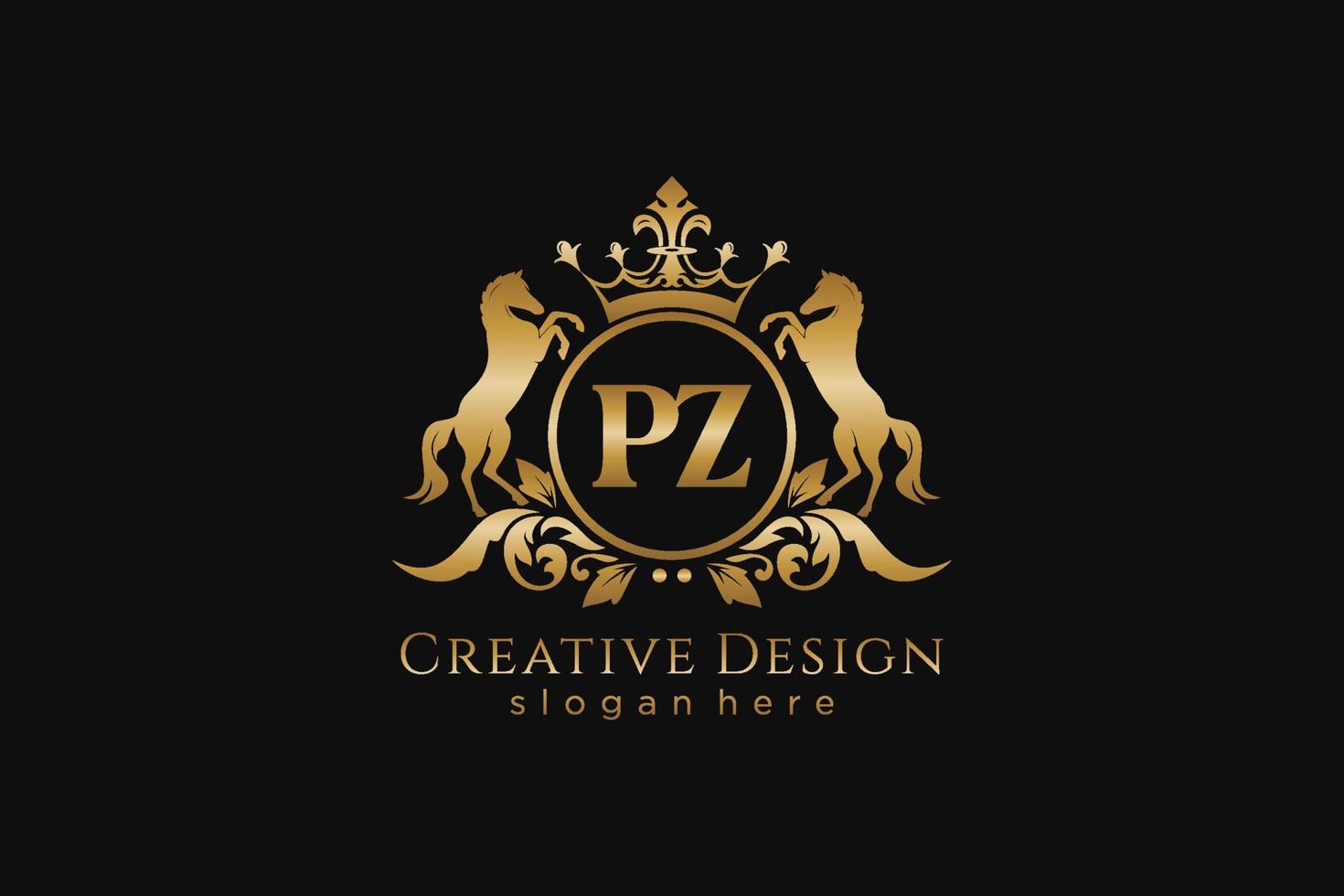initial PZ Retro golden crest with circle and two horses, badge template with scrolls and royal crown - perfect for luxurious branding projects vector