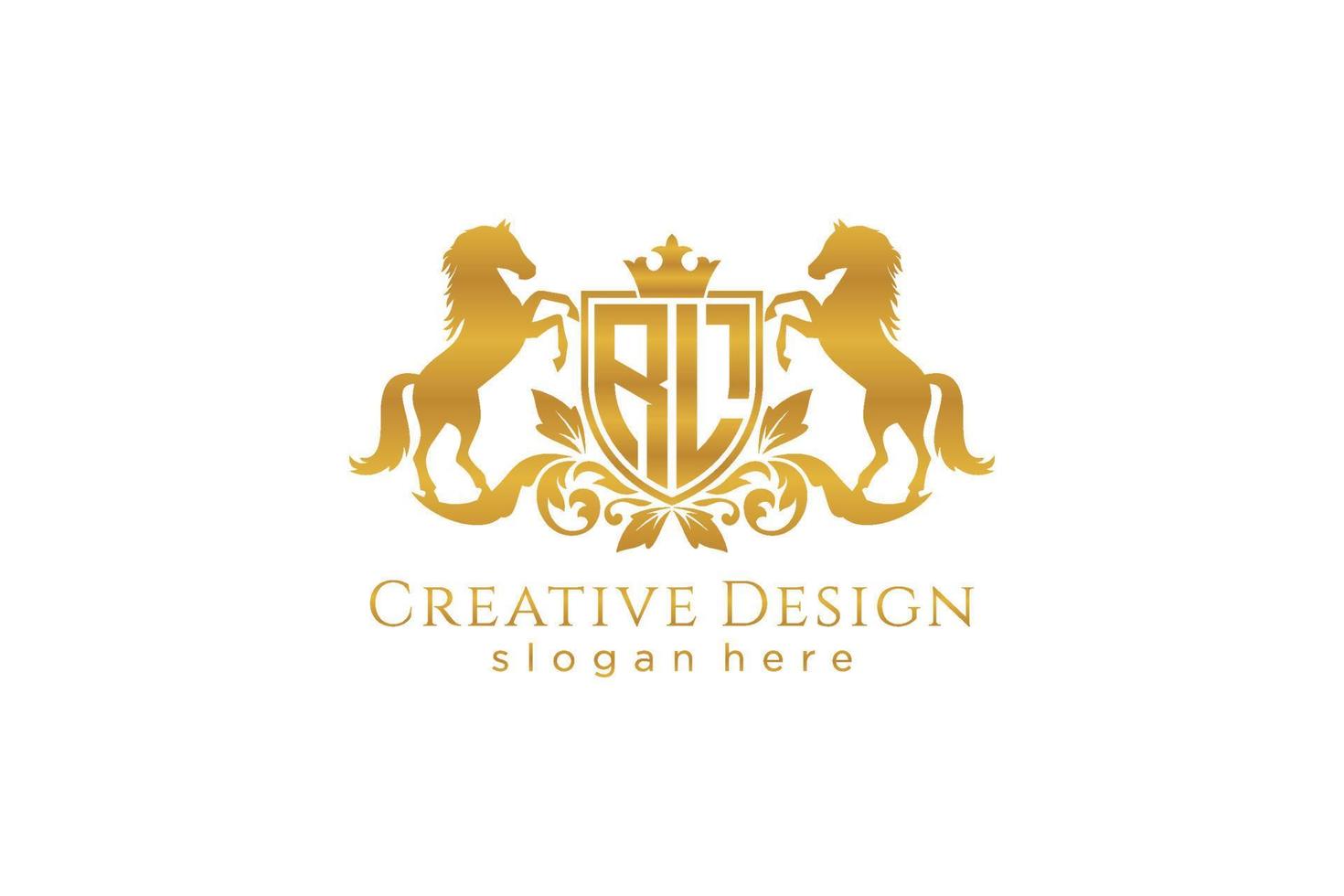 initial RL Retro golden crest with shield and two horses, badge template with scrolls and royal crown - perfect for luxurious branding projects vector