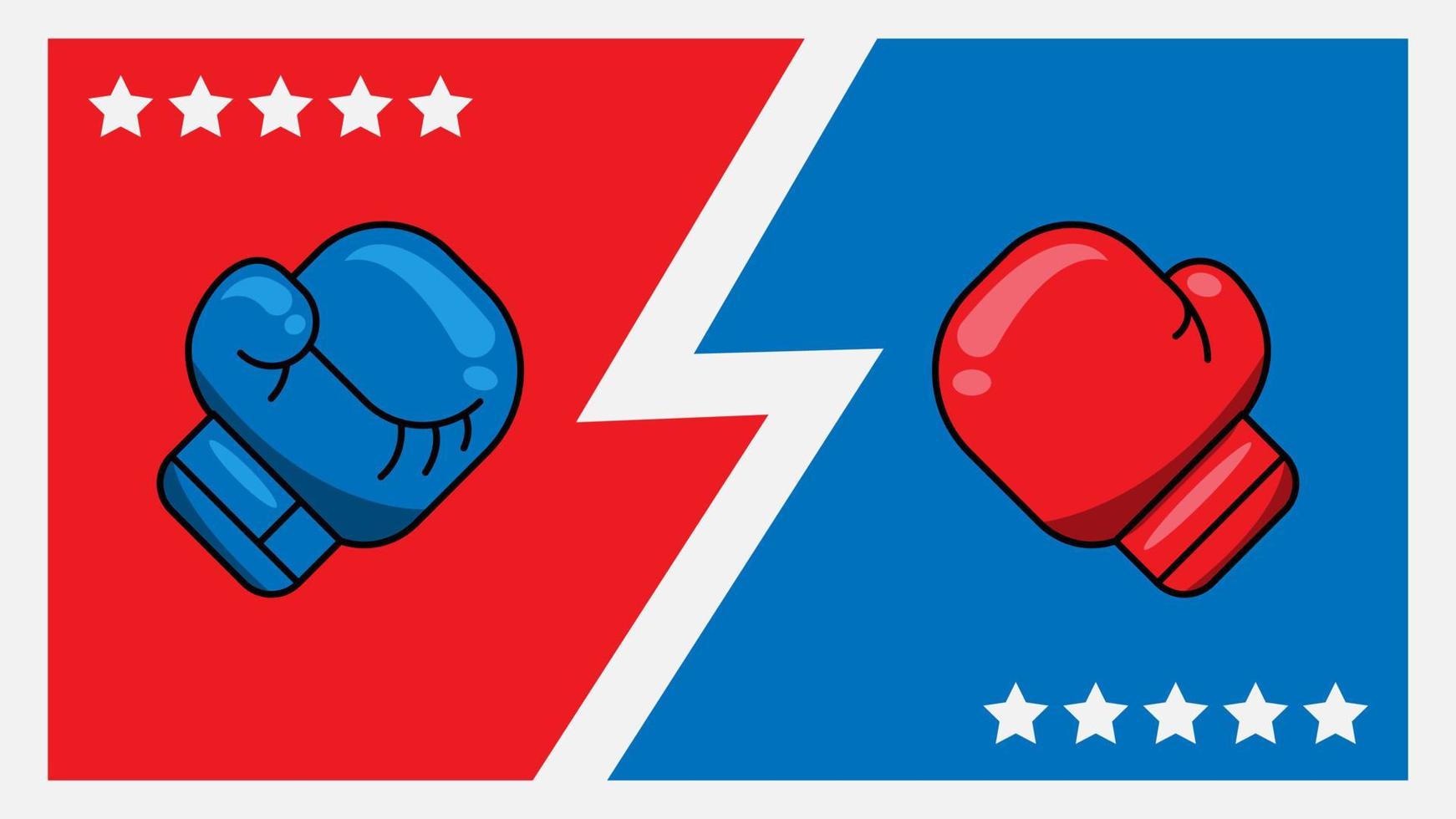 icono de lucha de guantes de boxeo, rojo contra azul. ilustración vectorial del fondo del emblema de la batalla de dibujos animados. los guantes de boxeo rojos y azules se golpean entre sí. ideas creativas de ventas de compras del día del boxeo vector