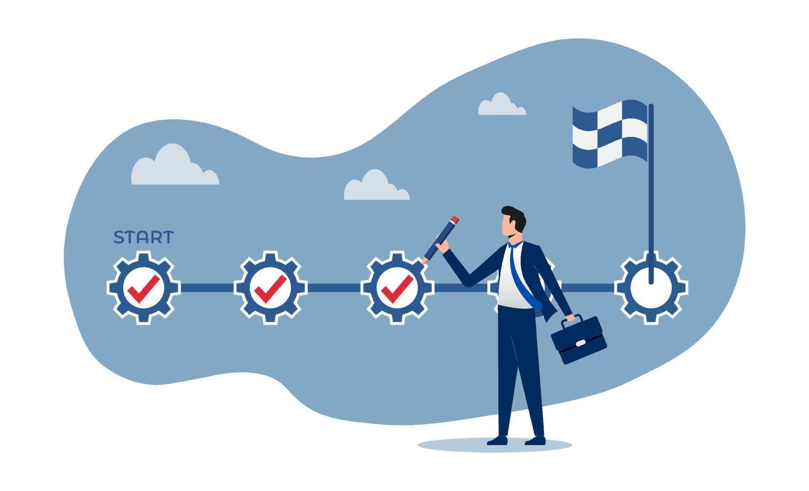 Project tracking, task completion or checklist to remind project progress, businessman project manager holding pencil to check completed tasks in project management timeline. vector