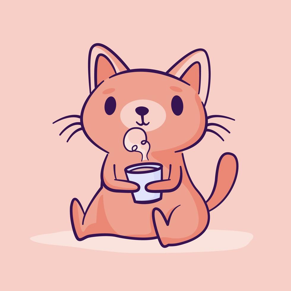 lindo gato bebiendo café caliente vector