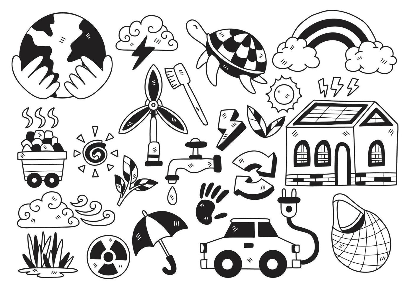 Hand drawn style Modern Green energy doodle objects vector illustration