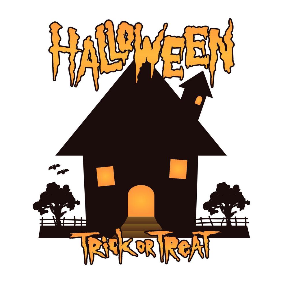 haunted silhouette witch house with halloween and trick or treat rough hand drawn typography vector design element