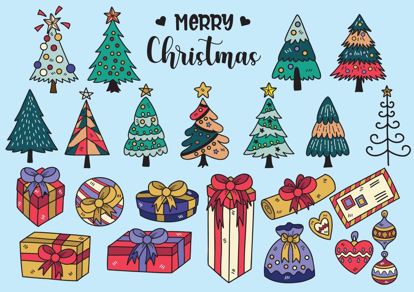 Hand drawn style Christmas tree and gift box doodle objects vector illustration