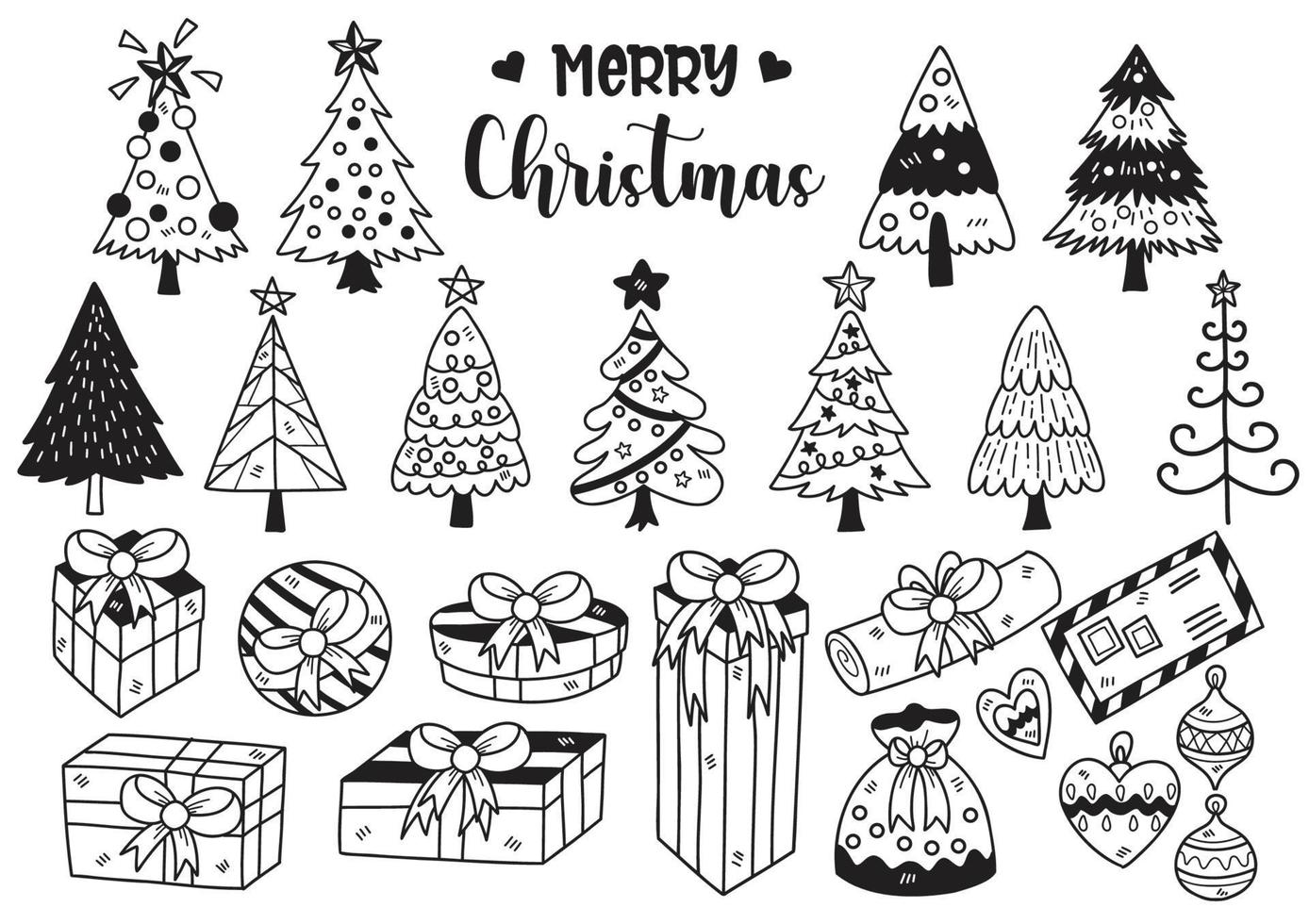 árbol de navidad de estilo dibujado a mano y caja de regalo doodle objetos ilustración vectorial vector