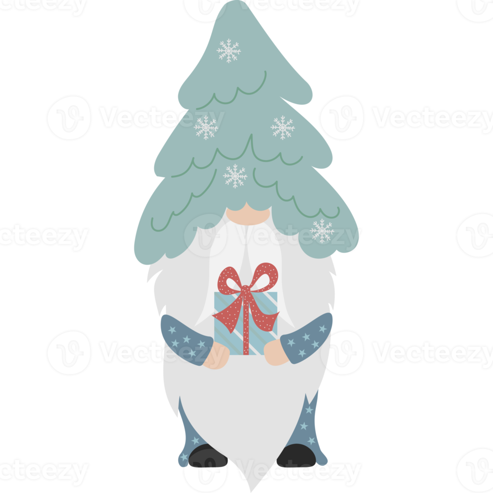 Scandinavian gnome with Christmas tree and gift png