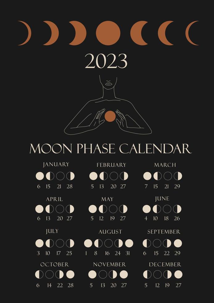 Moon phases calendar 2023 with a girl line. Waning gibbous, Waxing crescent, New moon, Full moon with dates. vector