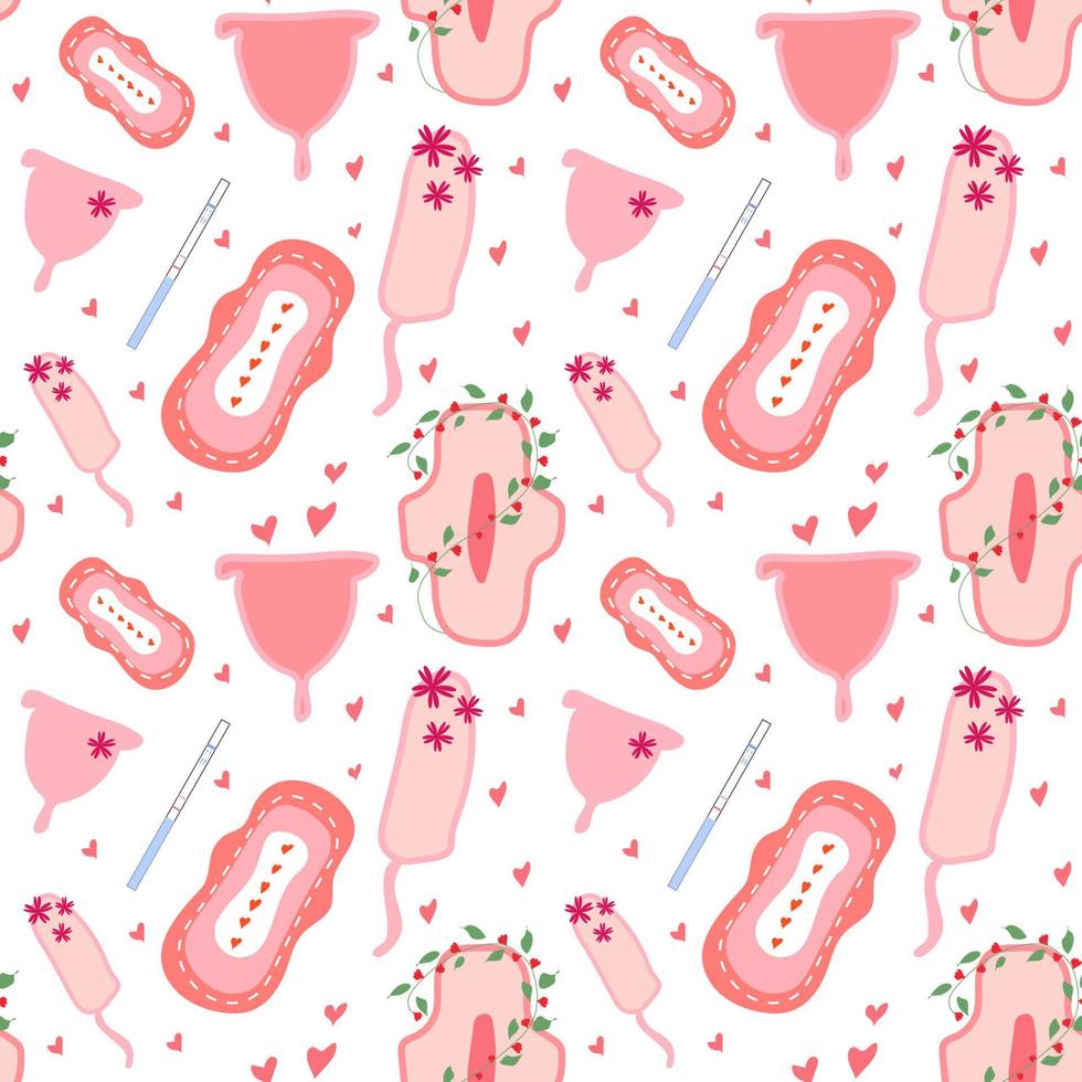 Seamless pattern with of feminine hygiene products. Menstruation days. Sanitary pads, tampons, menstrual cup. Vector illustration in trendy flat style