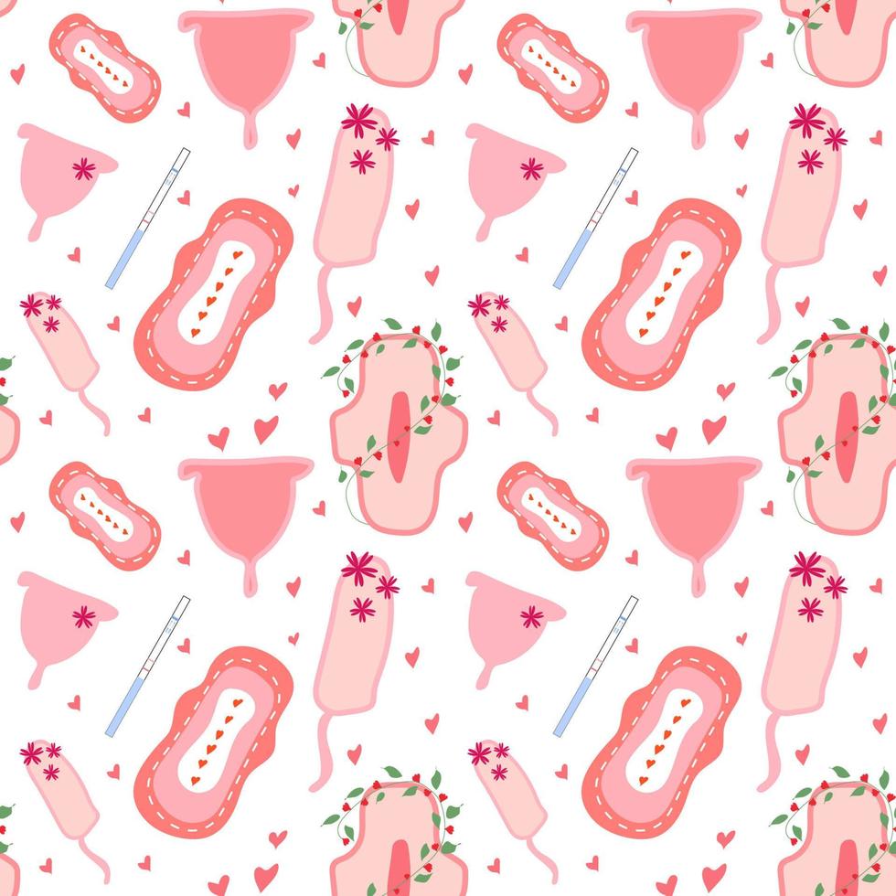 Seamless pattern with of feminine hygiene products. Menstruation days. Sanitary pads, tampons, menstrual cup. Vector illustration in trendy flat style