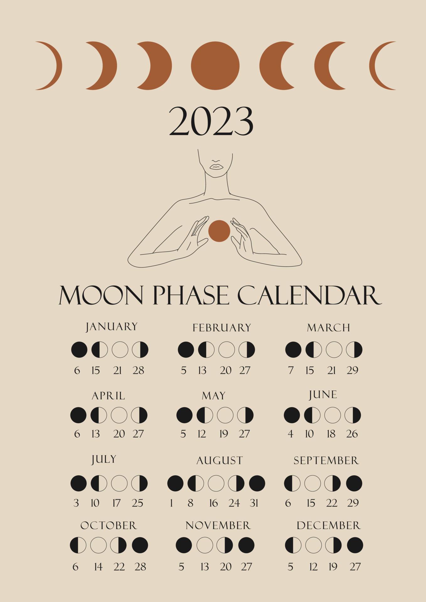 Moon phases calendar 2023 with a girl line. Waning gibbous, Waxing