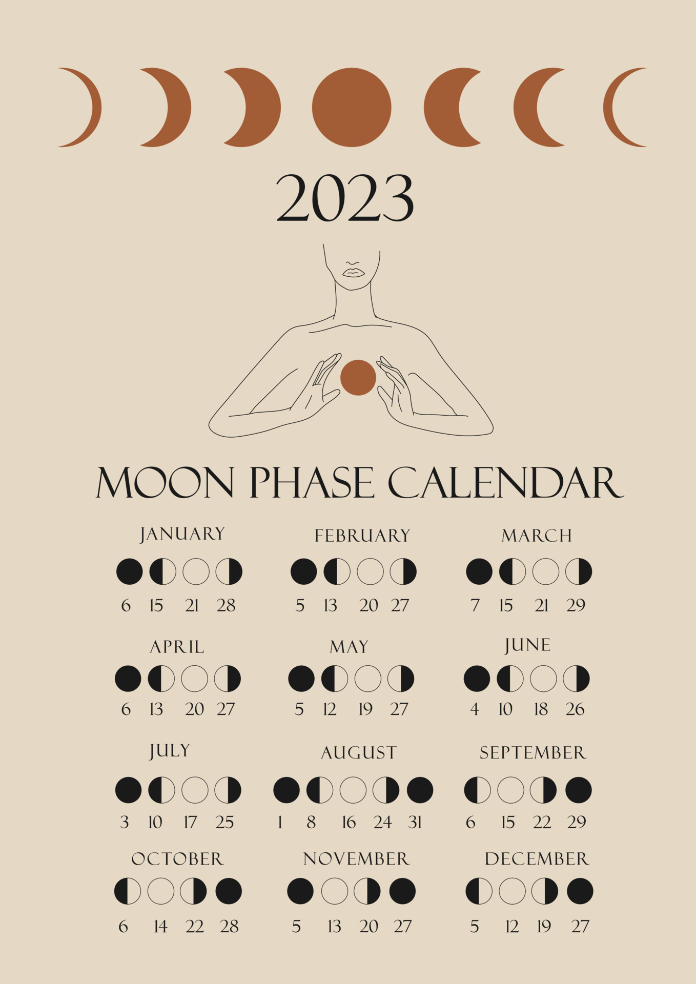 calendario de fases lunares 2023 con una línea de chicas. luna gibosa