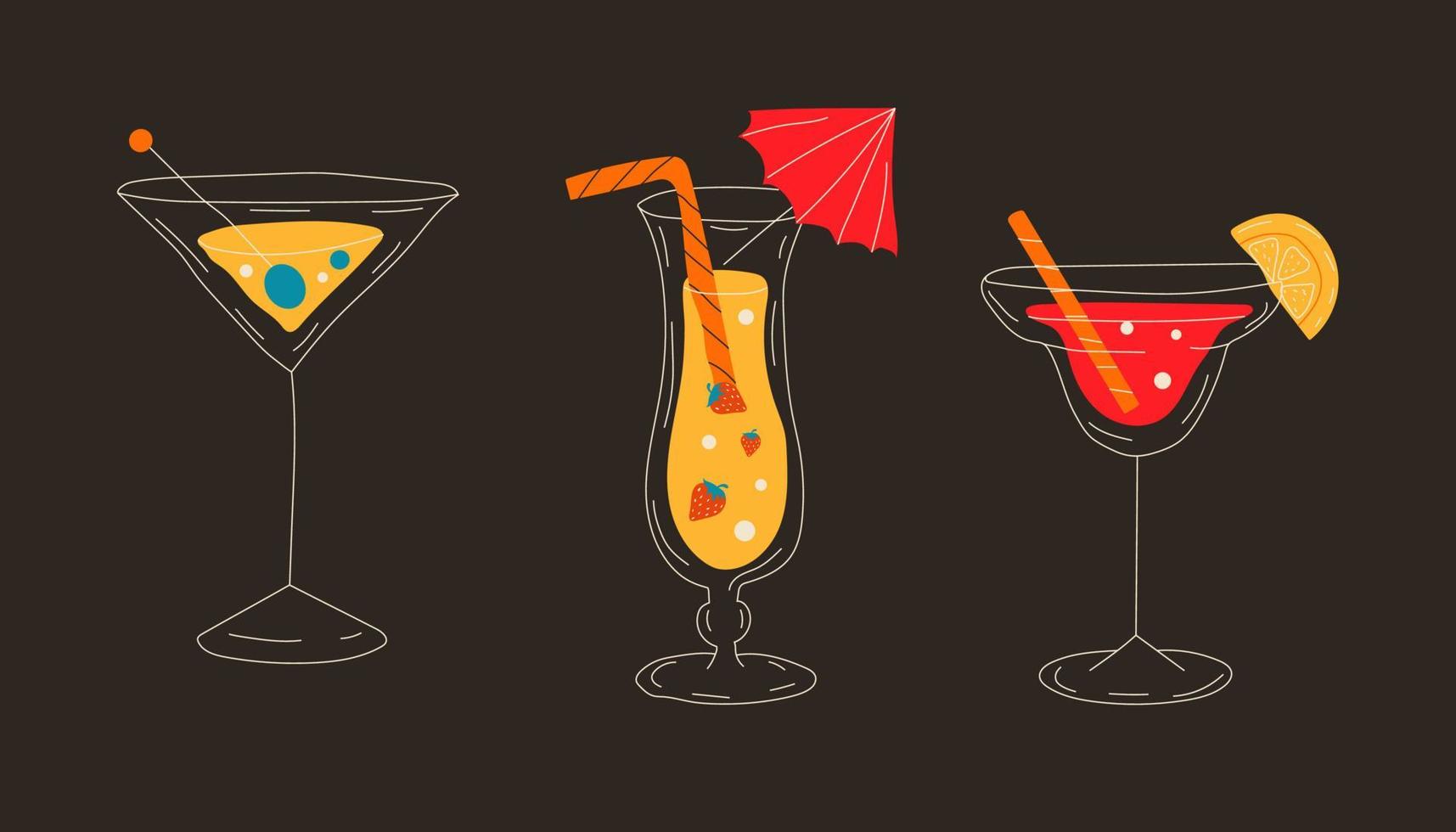 Cocktails collection, alcoholic and non-alcoholic summer drinks with ice cubes of lemon, lime, and strawberries.  All elements are isolated vector