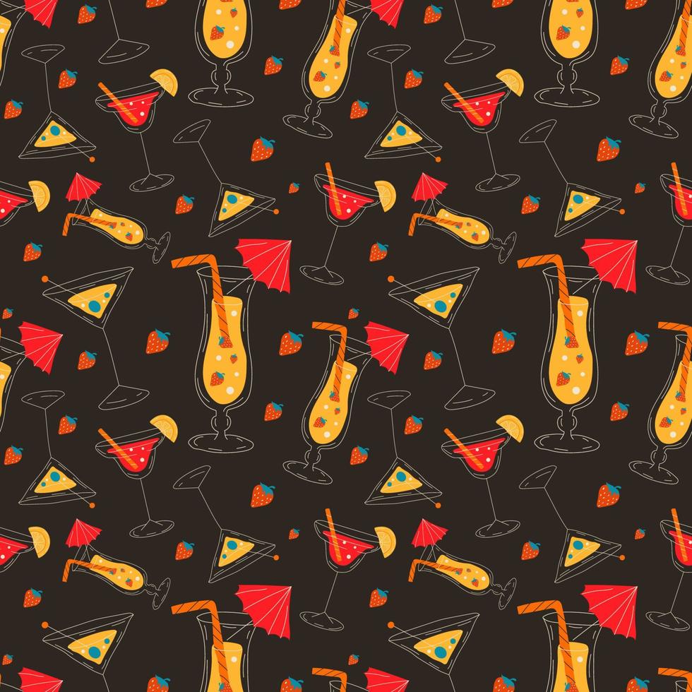 Seamless pattern Cocktails collection, alcoholic and non-alcoholic  drinks with ice cubes of lemon, lime, and strawberries. vector