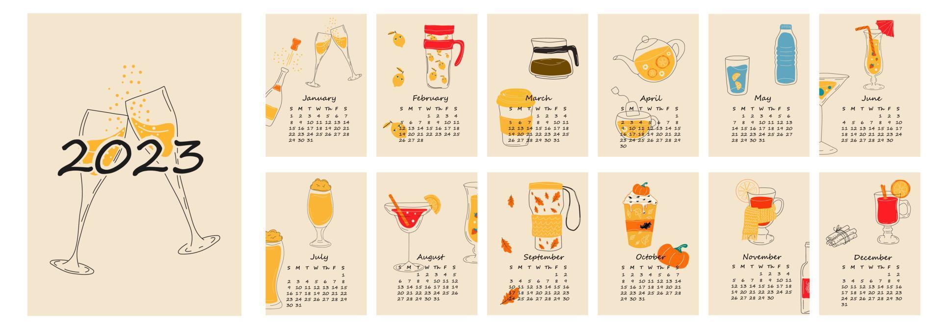 2023 calendar design with different drinks for different seasons. Hand drawn calendar planner minimal style, annual organizer. Vector illustration.