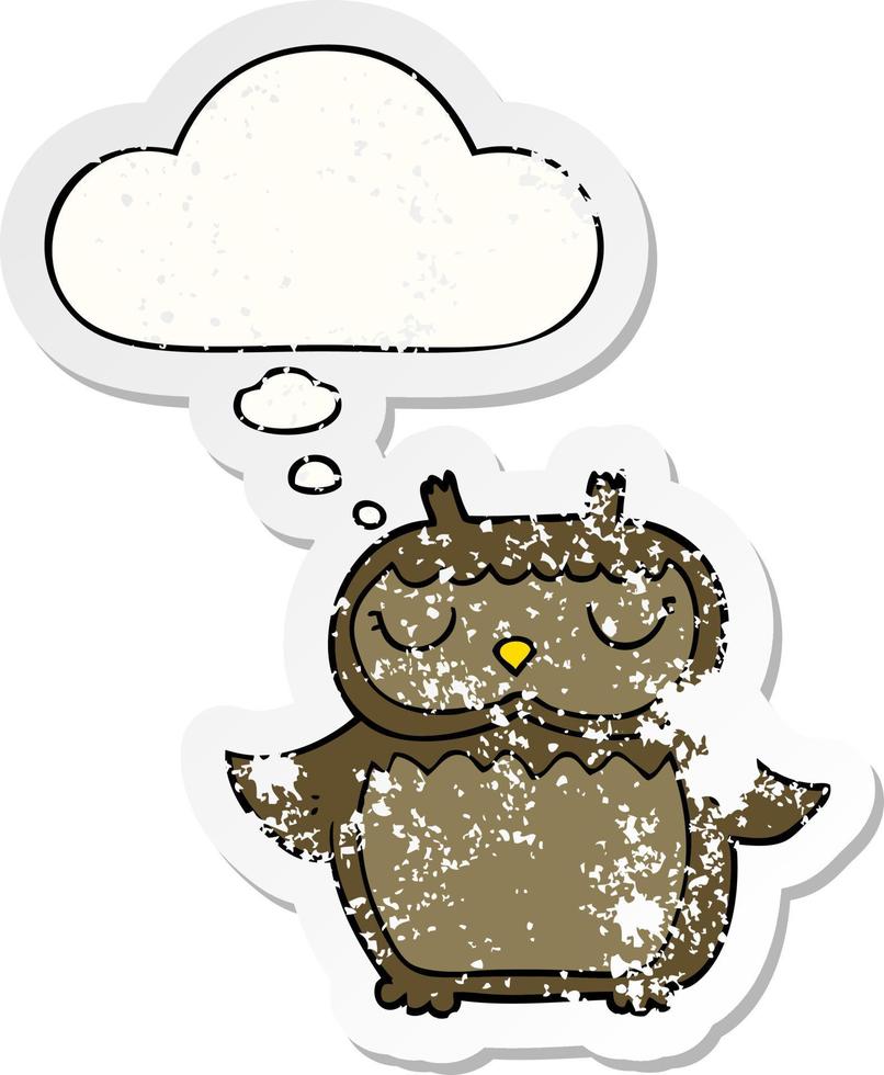 cartoon owl and thought bubble as a distressed worn sticker vector