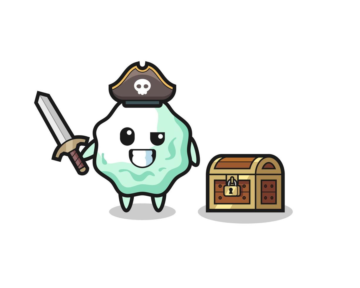 the chewing gum pirate character holding sword beside a treasure box vector