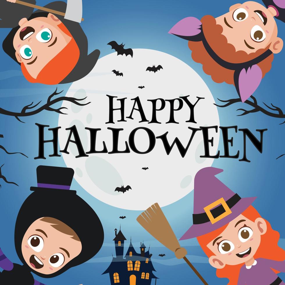 Happy halloween lettering with kids in monsters, bat, witch and reaper costumes vector illustration