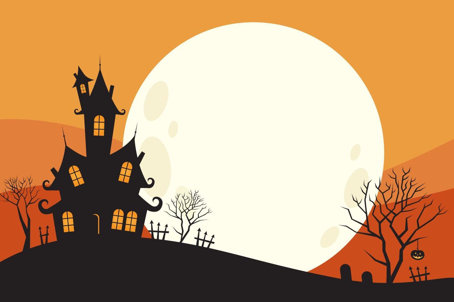 Halloween party card template - spooky castle, dead trees, full moon with orange background vector illustration
