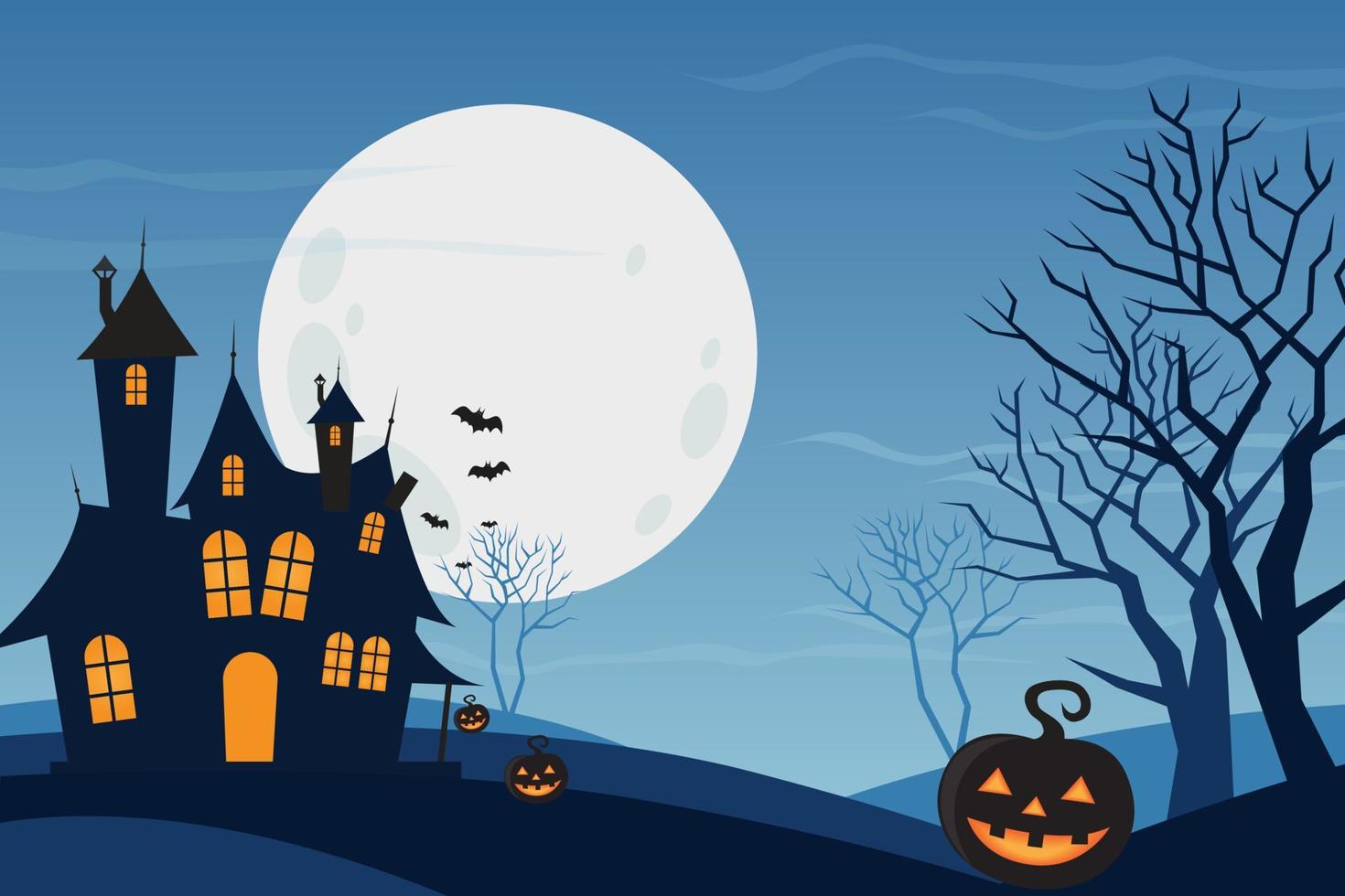 siluetas aterradoras de halloween de castillo, calabaza y árbol muerto en la ilustración de vector plano de fondo de luna