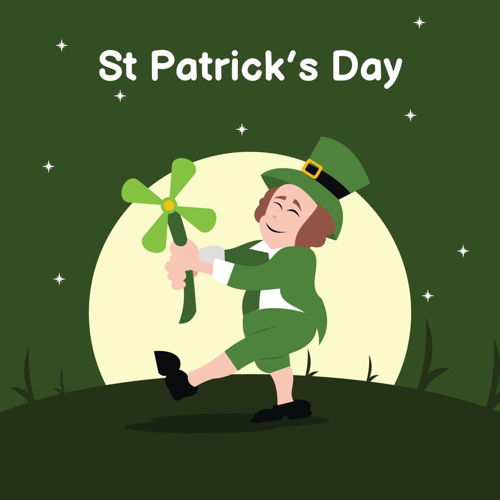 illustration vector graphic of a man in a green dress is holding a green plant, showing the full moon, perfect for religion, holiday, culture, tradition, st patrick day, santo patrisius, rome church
