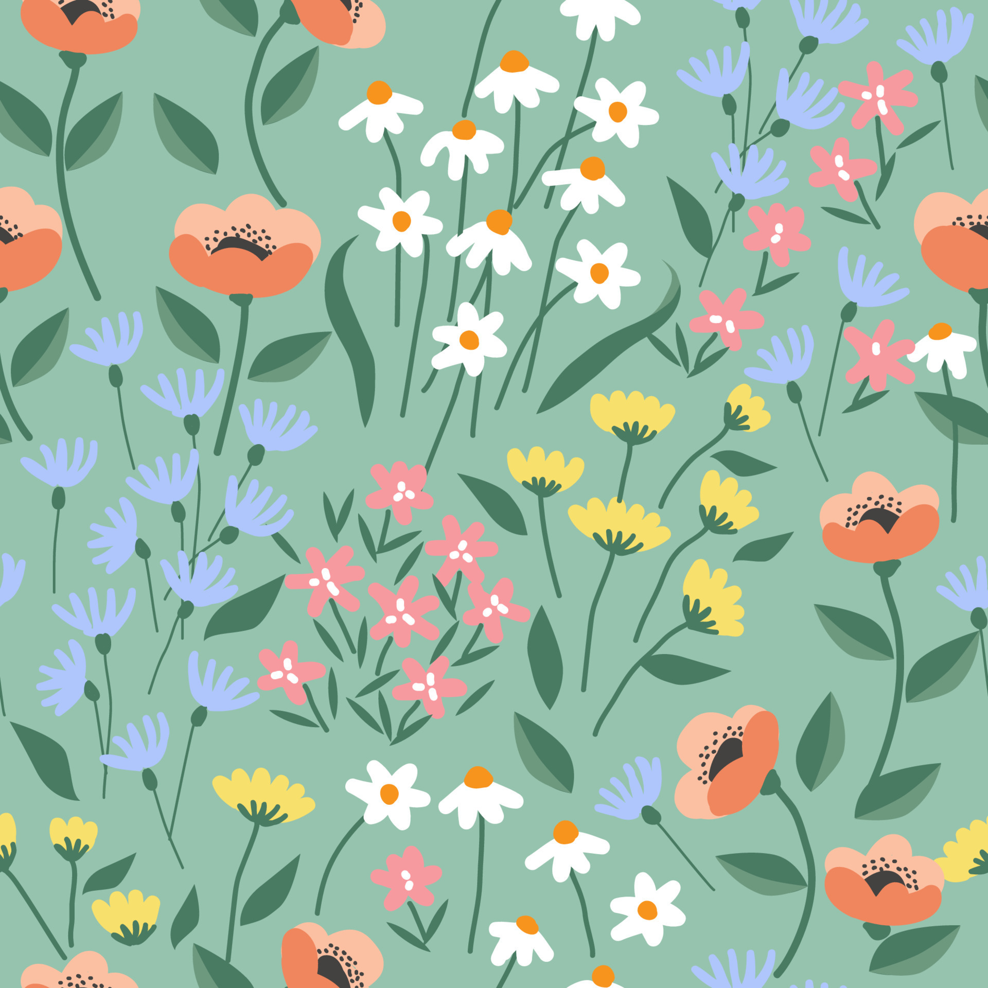 Pattern flower seamless, silhouette of blooming, hand drawn botanical