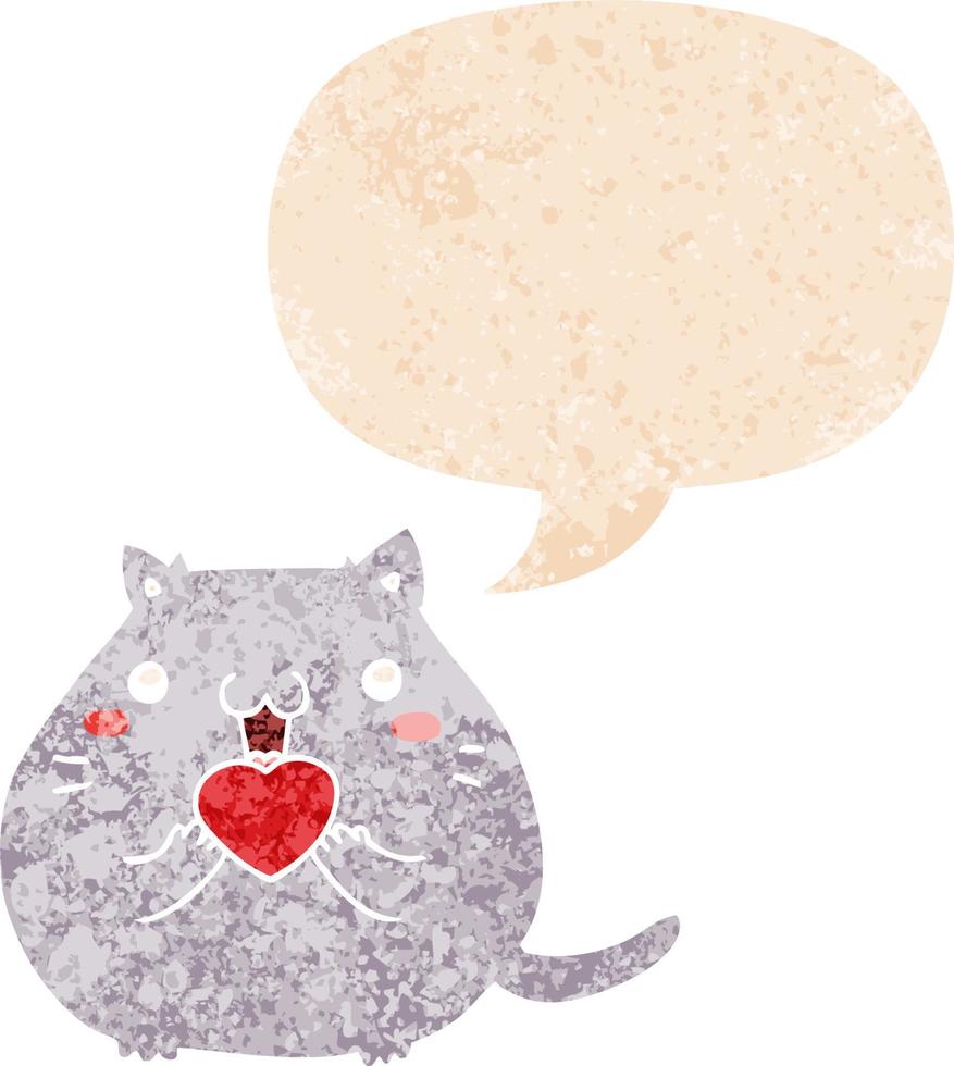 cute cartoon cat in love and speech bubble in retro textured style vector