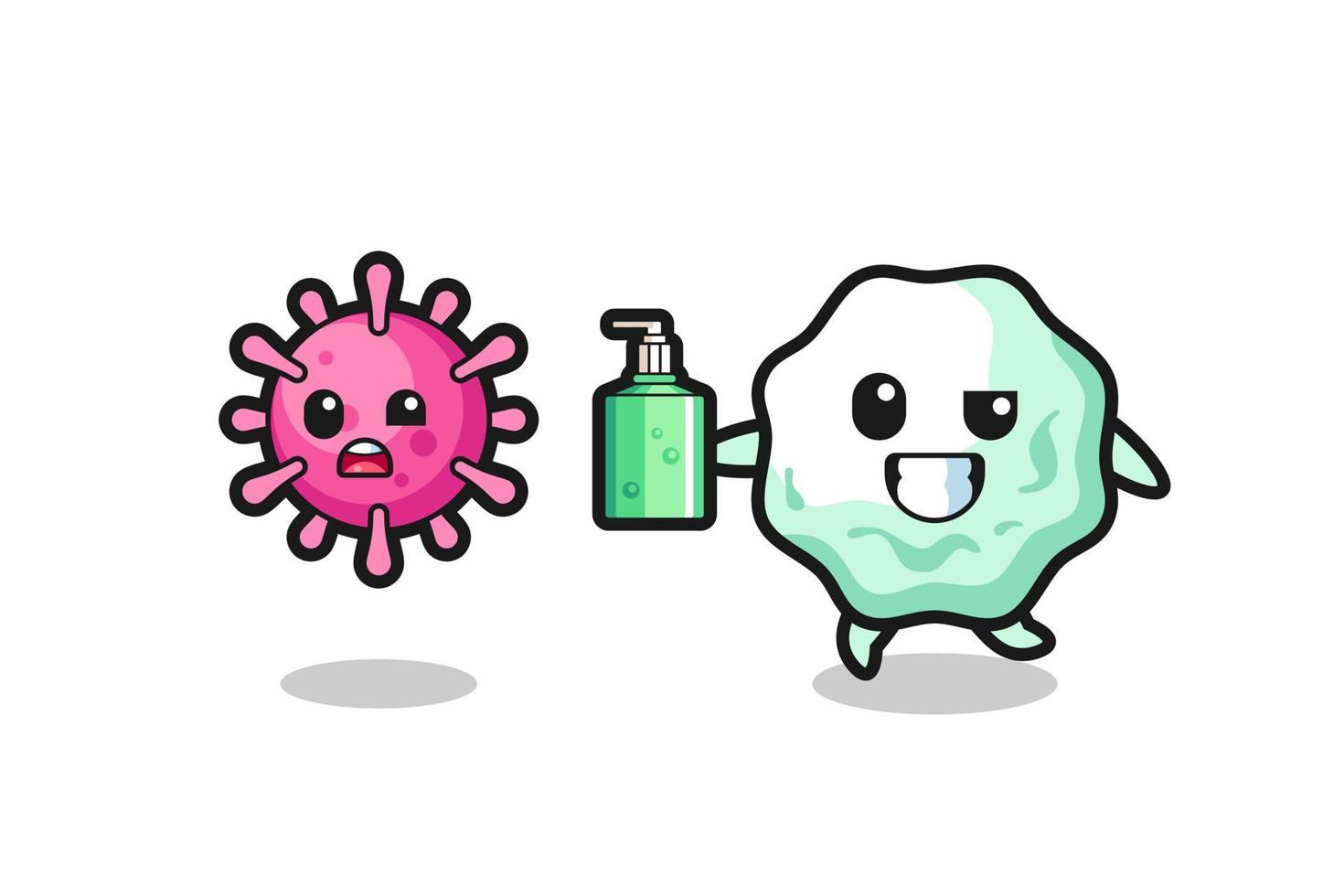 ilustración del personaje de chicle persiguiendo virus malvados con desinfectante de manos vector