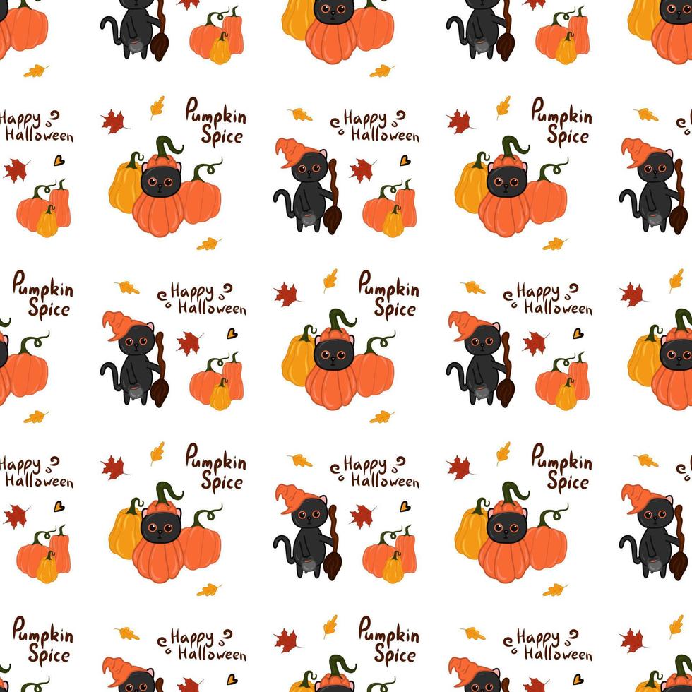 Halloween kawaii cat with costume vector seamless pattern