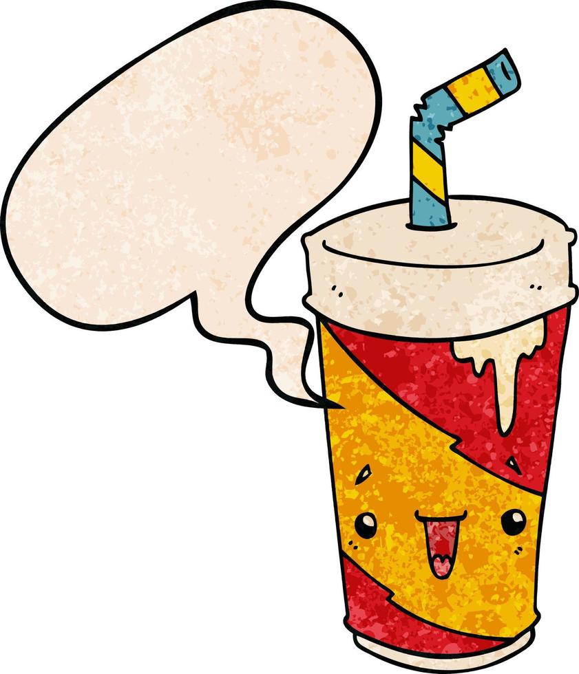 cartoon soda cup and speech bubble in retro texture style vector