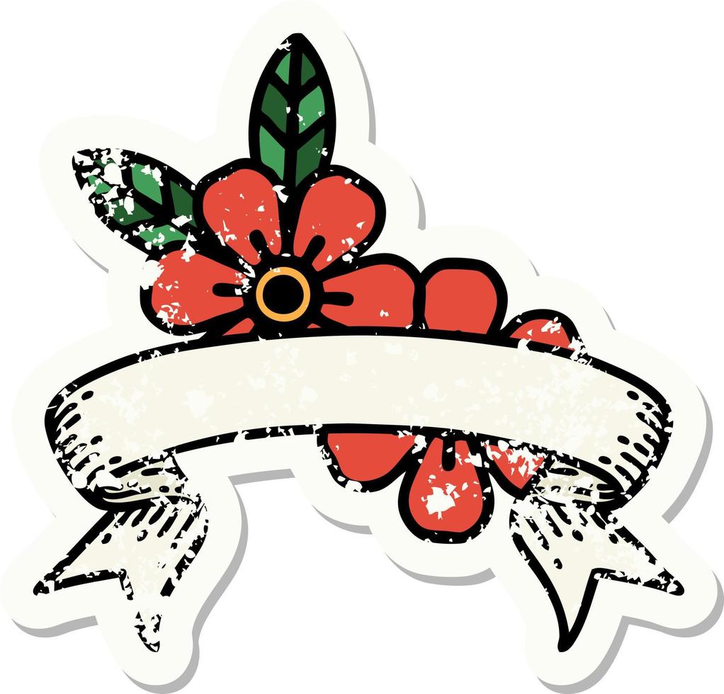 worn old sticker with banner of flowers vector
