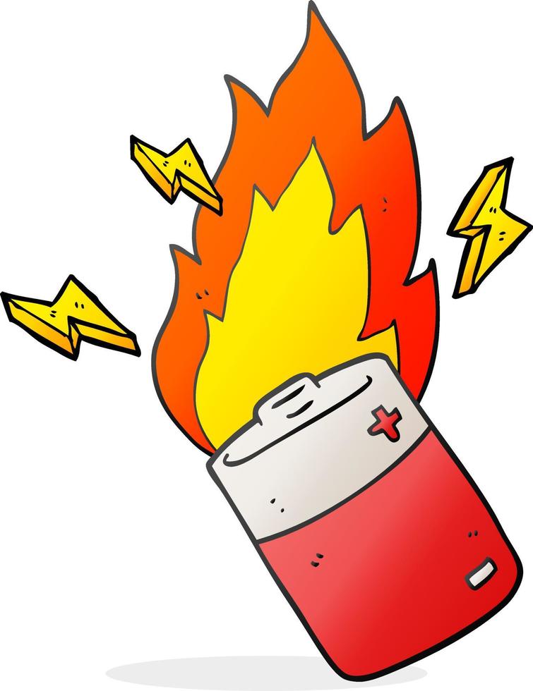 Batería en llamas de dibujos animados dibujados a mano alzada vector