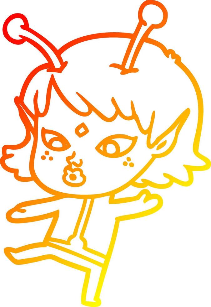 warm gradient line drawing pretty cartoon alien girl vector