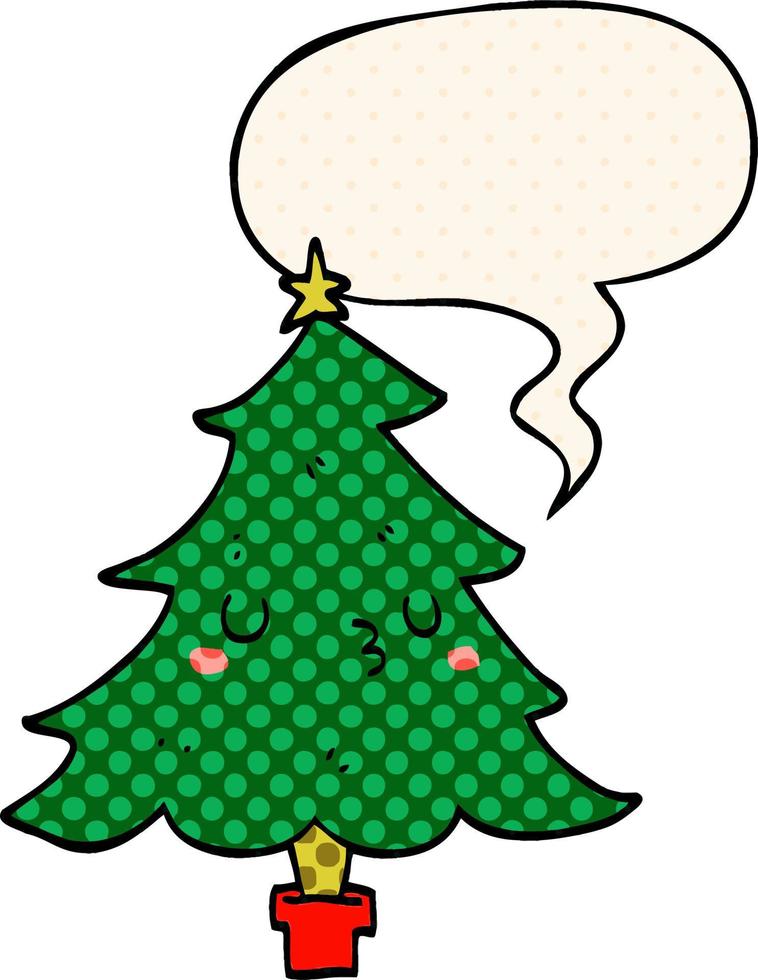 lindo árbol de navidad de dibujos animados y burbuja de habla al estilo de un libro de historietas vector