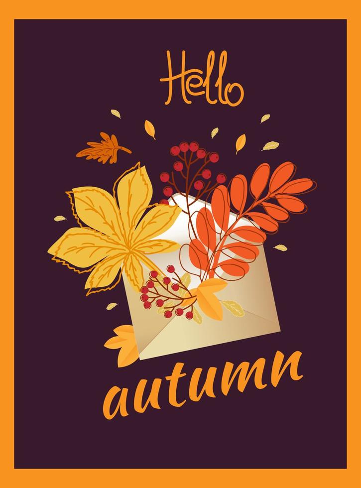 Hola otoño. hojas de otoño, rama con bayas en sobre. vector