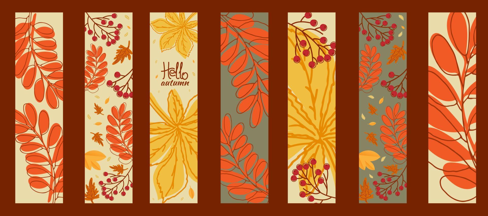 Set autumn bookmarks. Hello autumn. Autumn leaves and rowan berry branch. vector
