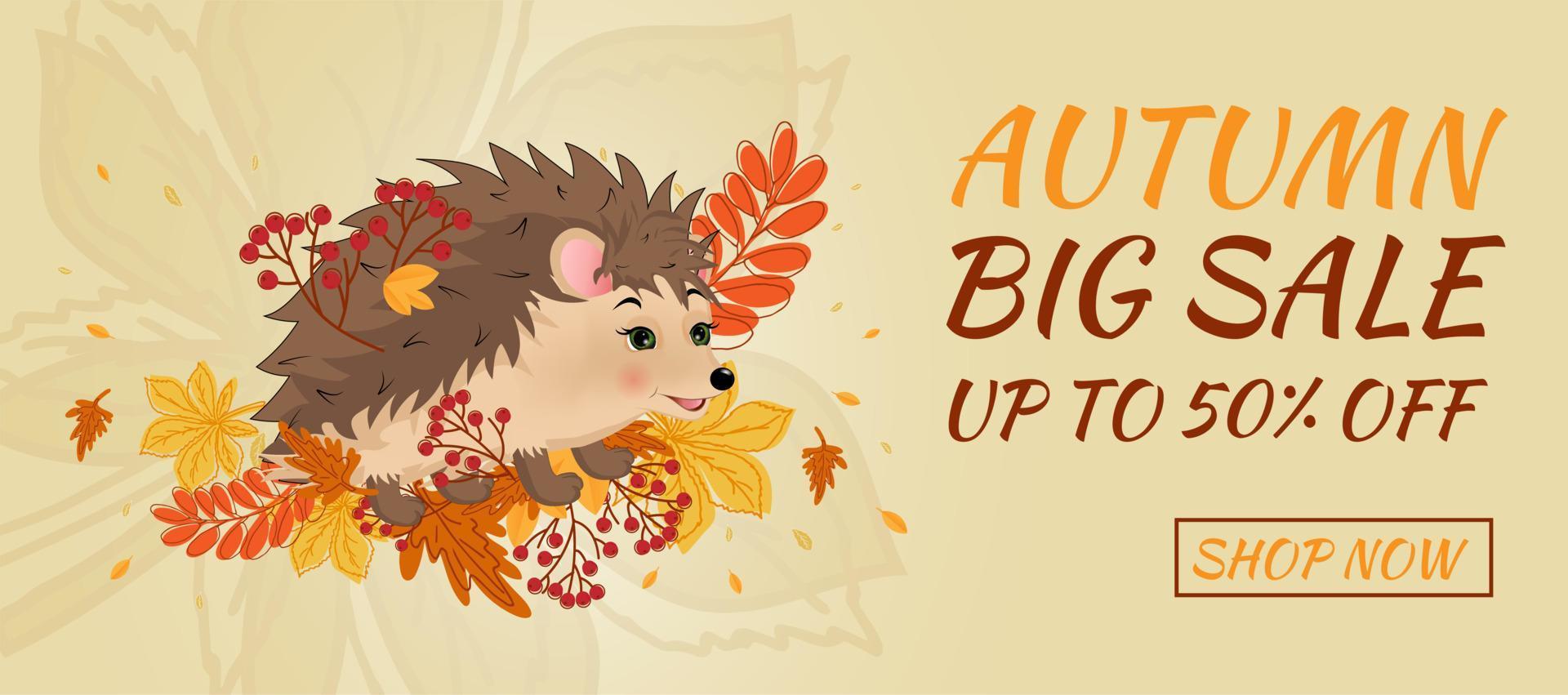 banner de venta de otoño. Hola otoño. erizo con hojas de otoño. vector