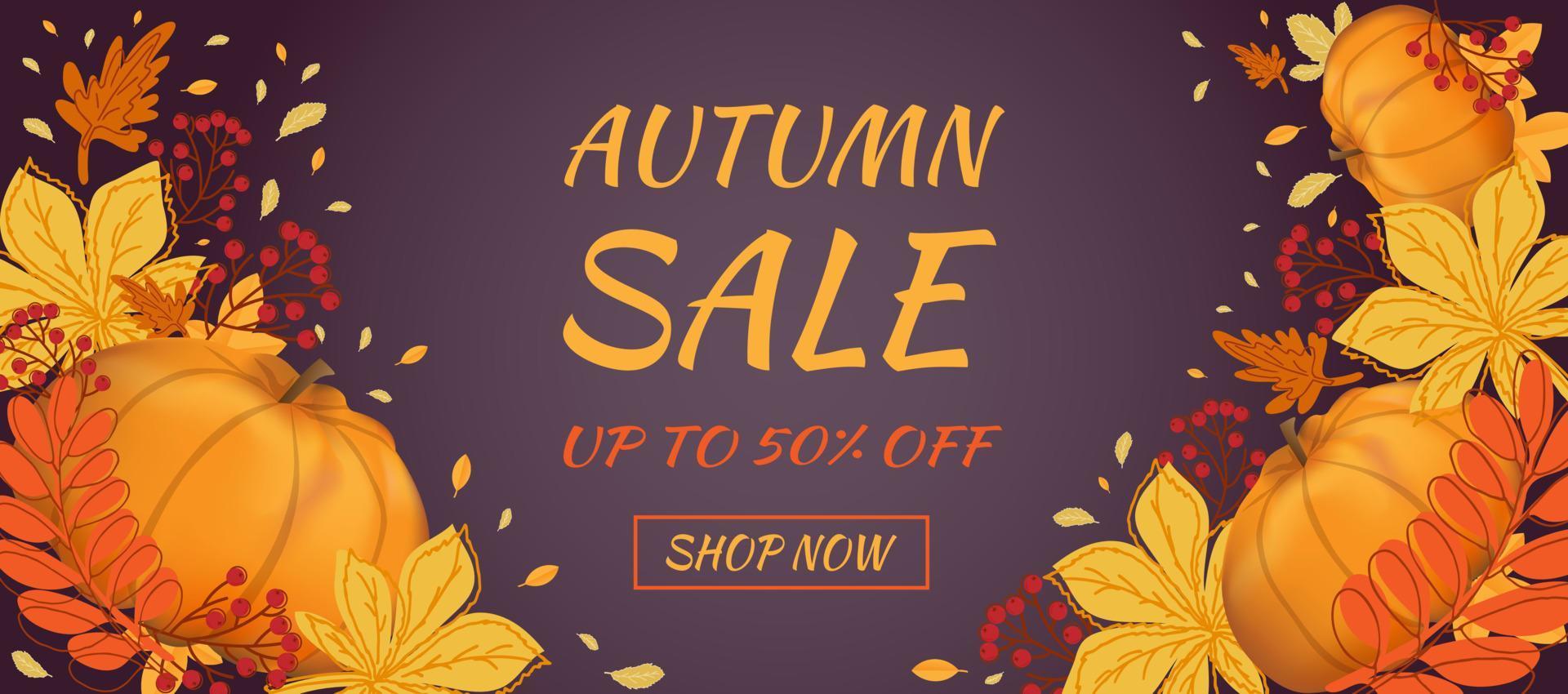 Autumn sale banner. Hello autumn. Autumn leaves, pumpkin and rowan berry. vector