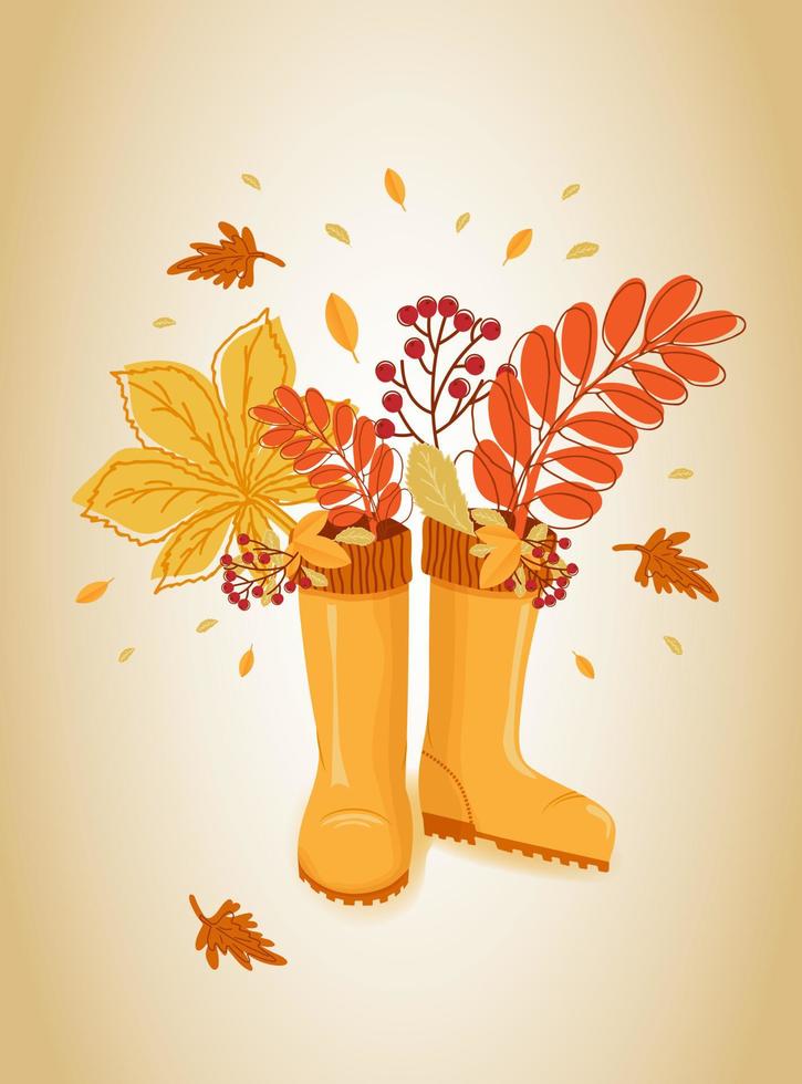 Hello autumn. Autumn leaves, branch with rowan berries in rubber boots. Banner, postcard, poster. vector