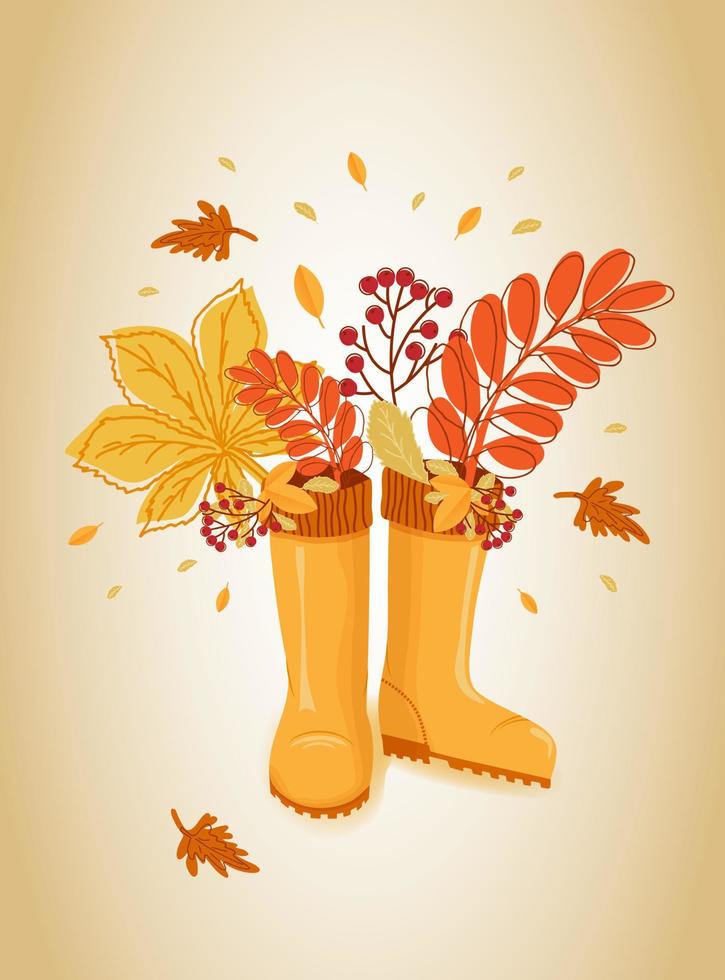 Hola otoño. hojas de otoño, rama con bayas de serbal en botas de goma. pancarta, postal, afiche. vector