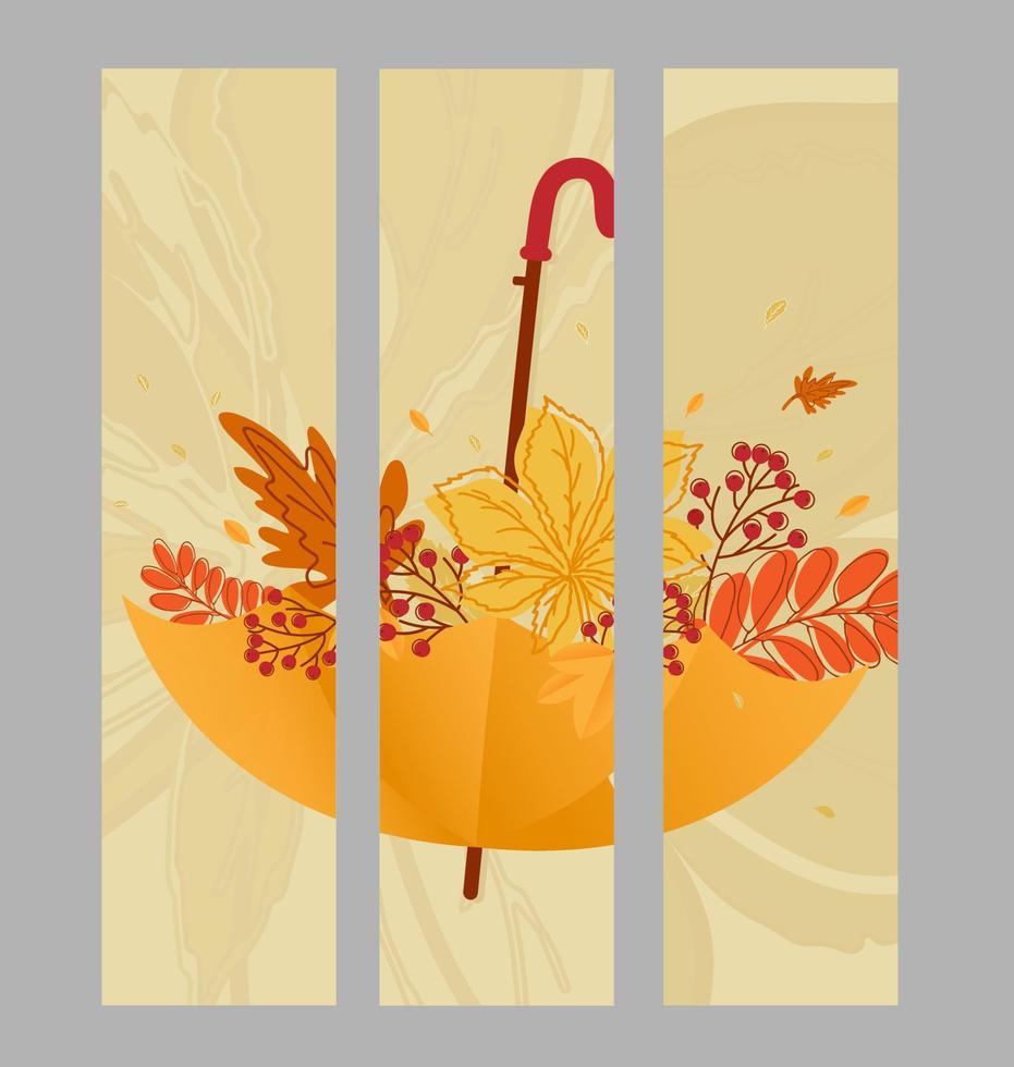 Set autumn bookmarks. Hello autumn. Autumn leaves and rowan berry branch in umbrella. vector