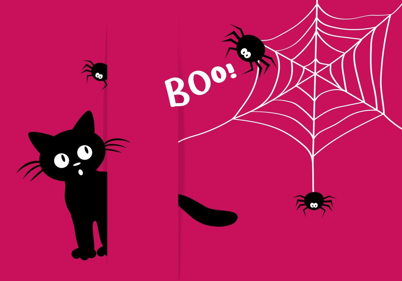 Happy Halloween postcard in paper cut style. The cute black kitten is afraid of spiders. vector