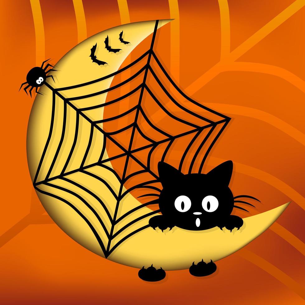 Happy Halloween postcard. Cute black kitten afraid of a spider. Cartoon style and paper cut style. vector