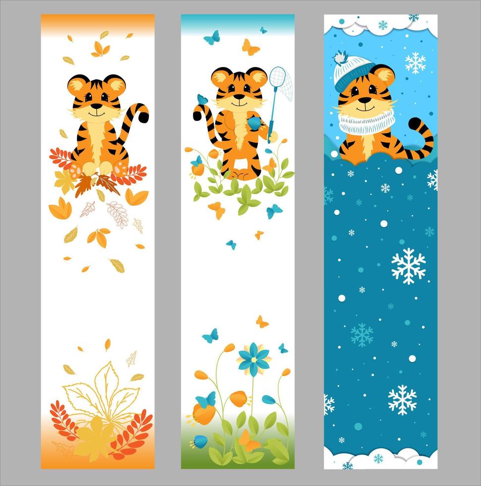 Set of vector bookmarks. Cute little tiger in different seasons.