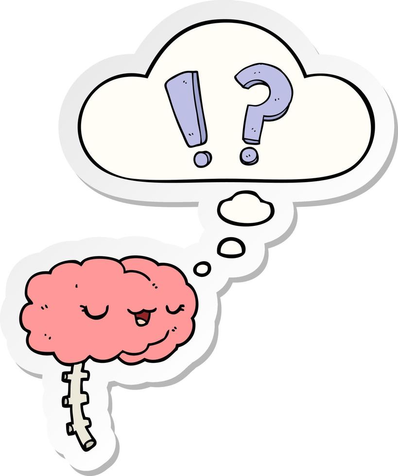 cartoon curious brain and thought bubble as a printed sticker vector