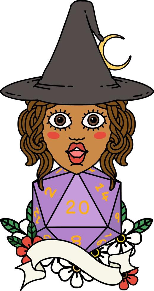 Retro Tattoo Style human mage with natural twenty dice roll vector