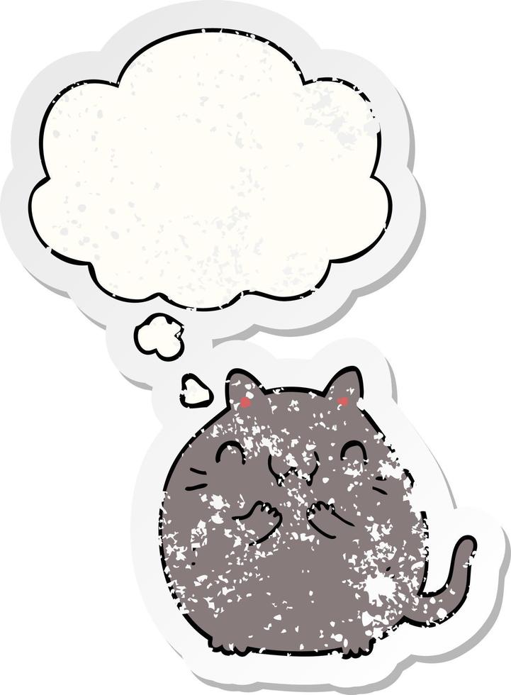 happy cartoon cat and thought bubble as a distressed worn sticker vector
