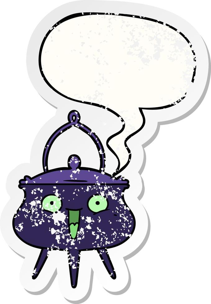 halloween cauldron cartoon and speech bubble distressed sticker vector